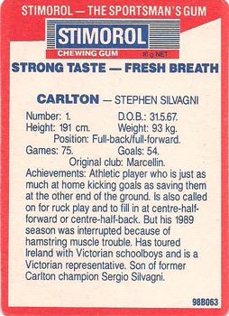 1990 AFL Scanlens Stimorol #92 Stephen Silvagni Back